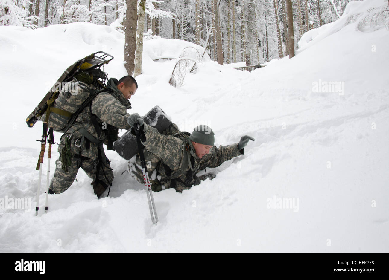 BOHINJSKA BELA, Slowenien--SGT darauf Salabao hilft SGT Dennis Zeigler zu seinen Füßen nachdem Zeigler um seine Taille im Tiefschnee unterwegs Mountain training im slowenischen Armed Forces Mountain Training Center versenkt.  Soldaten der 172. Infanteriebrigade beteiligen sich an den Berg Kriegsführung training, um sich die Schwierigkeiten im Berg Betrieb vertraut zu machen.  (US-Army in Europa Foto von Richard Bumgardner) 172. slowenischen Mountainbike Training (5240819933) Stockfoto