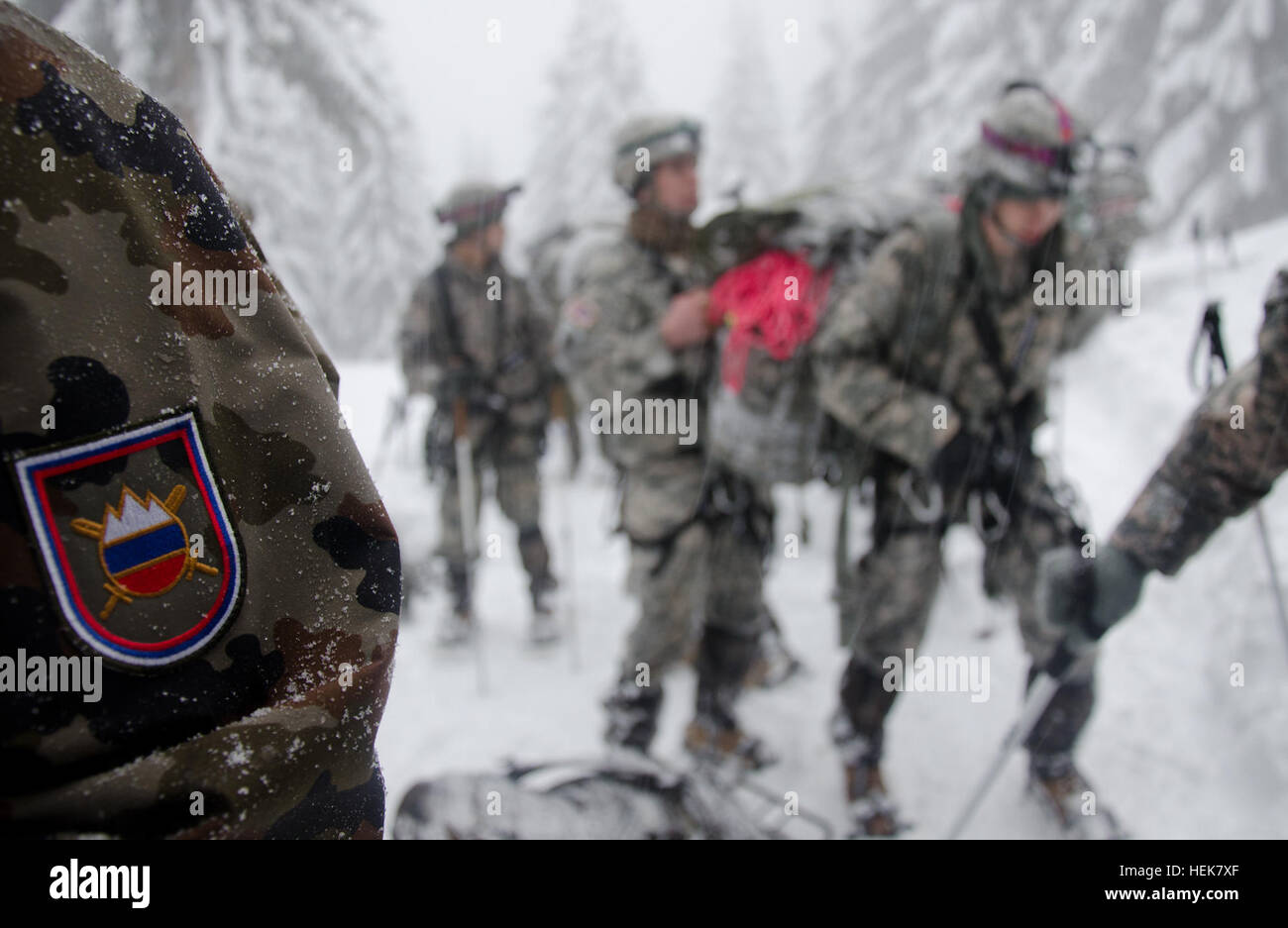 BOHINJSKA BELA, Slowenien--A slowenischen Streitkräfte Kader Mitglied steht von Soldaten mit US Army Europe 172. Infanteriebrigade Vorbereitung beim Mountain Warfare Training im slowenischen Armed Forces Mountain Training Center ausziehen.  Soldaten der 172. Infanteriebrigade beteiligen sich an den Berg Kriegsführung training, um sich die Schwierigkeiten im Berg Betrieb vertraut zu machen.  (US-Army in Europa Foto von Richard Bumgardner) 172. slowenischen Mountainbike Training (5240820583) Stockfoto