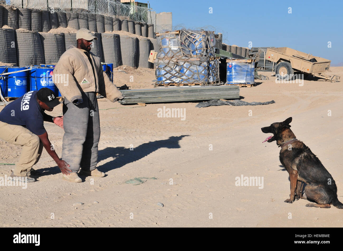 Tapiwa Datawa, eine amerikanische k-9 Detection Services-Handler von Harare, Simbabwe, suchen ein "Angreifer", während sein Partner Boris, ein Sprengstoff schnüffeln Hunde, wacht während einer Patrouille Übung auf Forward Operating Base Lagman, Afghanistan, 3. November 2012 statt.   AMK9 doppelten Zweck Hunde arbeiten an der FOB werden ausgebildet, um Drogen oder Sprengstoff zu erkennen und sind ausgebildet, um zu jagen, fangen, bewachen und Angreifer auf Befehl zu eskortieren.  Sie sind ein wichtiger Bestandteil der Kraft Schutzmaßnahmen auf der Basis beschäftigt.  (Foto: U.S. Army Sgt Lori Bilyou) Eckzähne schützen Soldaten, Lächeln Stockfoto