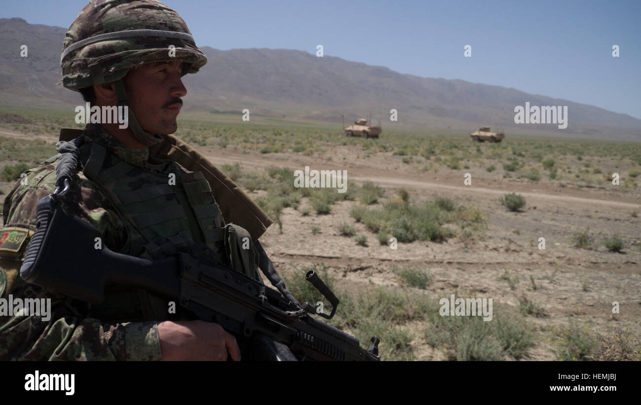 Ein afghanischer Soldat bietet über Uhr Sicherheit für seine Ingenieur Zug wie sie ein mock improvisierten Sprengkörpern während eines Gunnery Trainings mit der 2. Mobile Strike Force, Afghan National Army in Zabul Provinz, Afghanistan, Mai 13 entsorgt. Das Schießwesen Shooting war in dieser Woche Teil eines kombiniert Arme leben Feuer Übung für die afghanische Nationalarmee statt by2nd Geschwader, 1. Kavallerie-Regiment, 4. Stryker Brigade Combat Team, 2nd Infantry Division und 5. Staffel, 7. Kavallerie-Regiment, 1st Armored Brigade Combat Team, 3. Infanterie-Division, kombiniert Task Force Raider. (Foto: U.S. Army Spc. Stockfoto