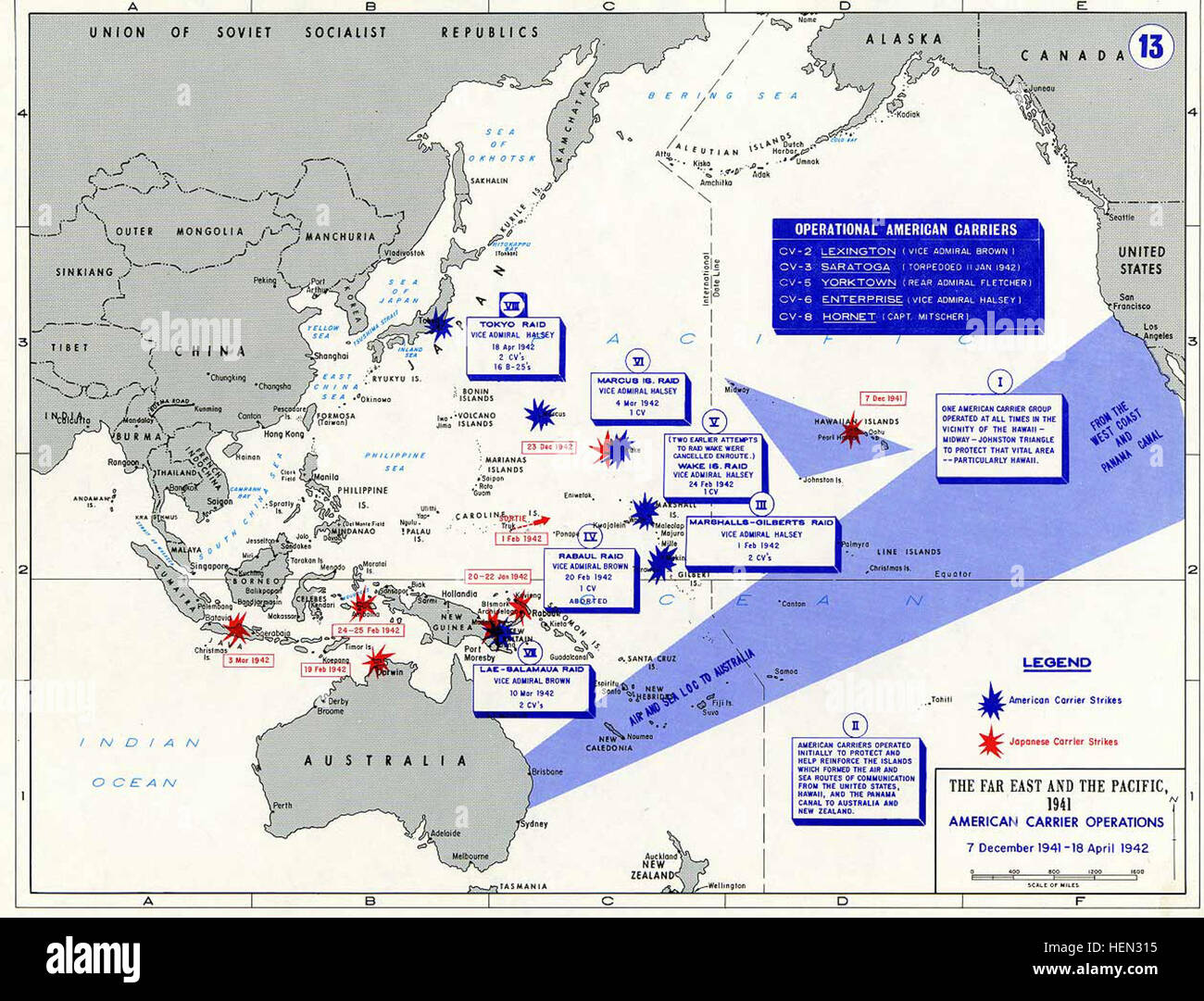 Pazifik-Krieg - amerikanische Träger OP 1941 / 42 - Karte