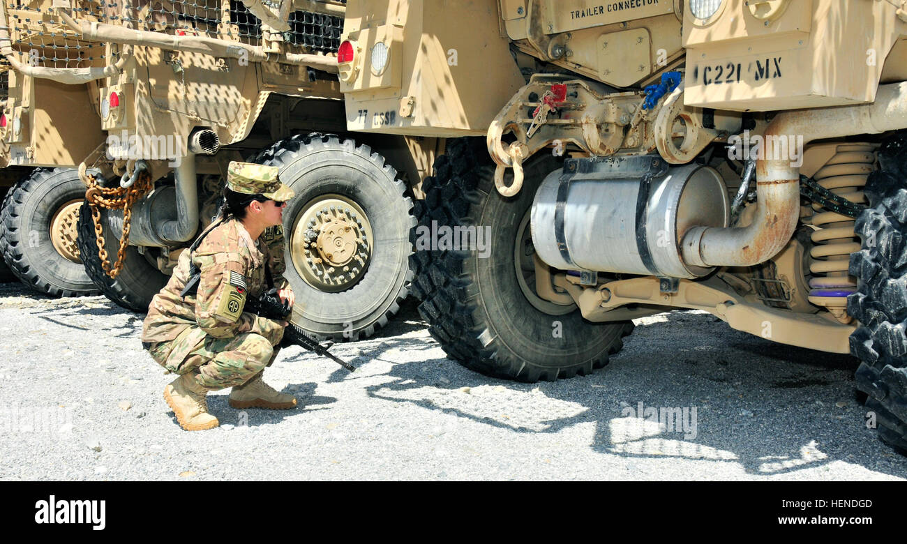 Sgt. Tasha Kreger, gebürtig aus Pine City, Minnesota, Kraftverkehr Operator, 114. Transportation Company, 77. bekämpfen Sustainment Support Battalion, 10. Sustainment Brigade zugewiesen sucht nach etwas fehl am Platz im hinteren Teil der Mine resistente Hinterhalt geschütztes Fahrzeug. Etwas fehl am Platz ist vor Ort zu gewährleisten, der Truck ist immer in der Lage, mission korrigiert. (Foto von Sgt. Michael K. Selvage 10. Sustainment Brigade Public Affairs NCO) Mine-resistente Hinterhalt geschützt Fahrzeuginspektion 140325-A-CA521-005 Stockfoto