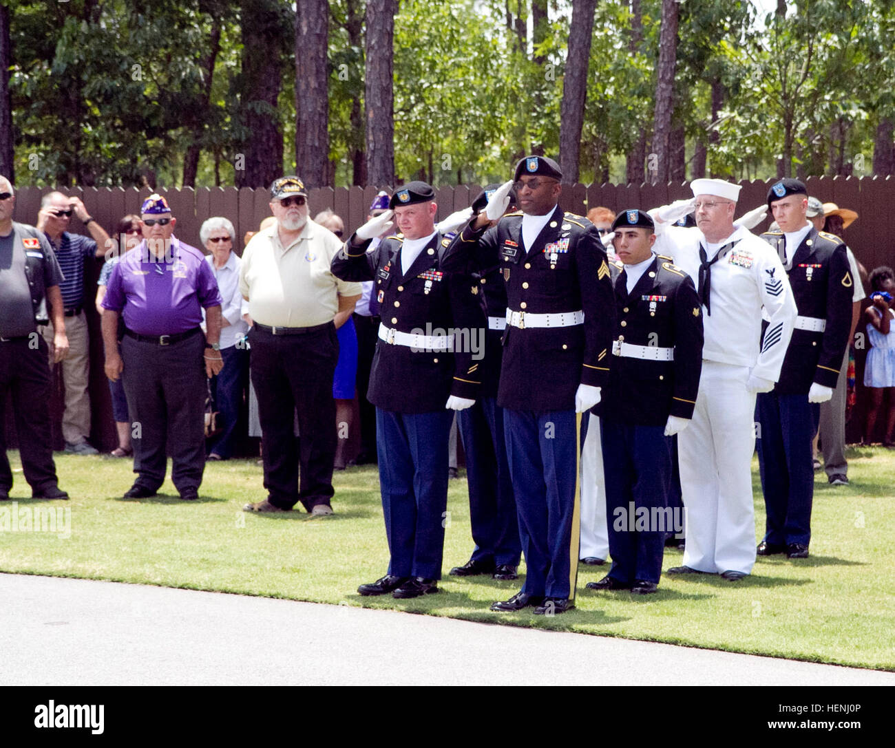 Am 6. Juni 2014 durchgeführt das fehlt In Amerika-Projekt in Zusammenarbeit mit der American Legion Post 71 von North Augusta, S.C., und Post 193 Chapin, S.C., eine vollen militärischen Ehren Beerdigung für sieben bisher herrenlosen Veteranen auf dem Fort Jackson National Cemetery in Columbia, SC Wer wird beigesetzt hatte gemeinsam die Nation seit mehr als 23 Jahren bedient. Sechs waren Armee und Marine in WWII, Vietnam und/oder des Kalten Krieges war war. Über die Veteranen außer der Tatsache, die dass sie ehrenhaft gedient ist kaum mehr bekannt. Abgebildet sind hier eine Ehrengarde aus Fort Gordon, Georgien und Stockfoto