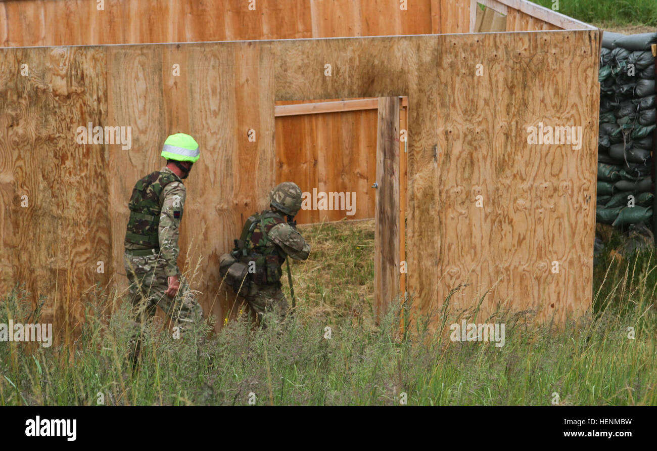 Britische Armee Royal Military Academy Sandhurst Kadett Laura Wealsby löscht ein Gebäudes während individuelle live-Feuer-Bewegungstraining. Sandhurst und Military Academy in West Point Kadetten absolvierte ihren zweiten Tag einer gemeinsamen zweiwöchigen Feld Übung mit live-Heißausbildung. Die Übung bestand aus einzelnen und Kader Bewegungen auf Palette 204 auf dem Truppenübungsplatz Grafenwöhr in der US-Armee 7. Armee Joint Multinational Training Command, Juli 8. Kadetten aus Sandhurst sind ihre letzte Feld Übung und 50 West Point Kadetten sind Lehrabschluss Leadership Entwicklung in einer Verkaufsoption Stockfoto