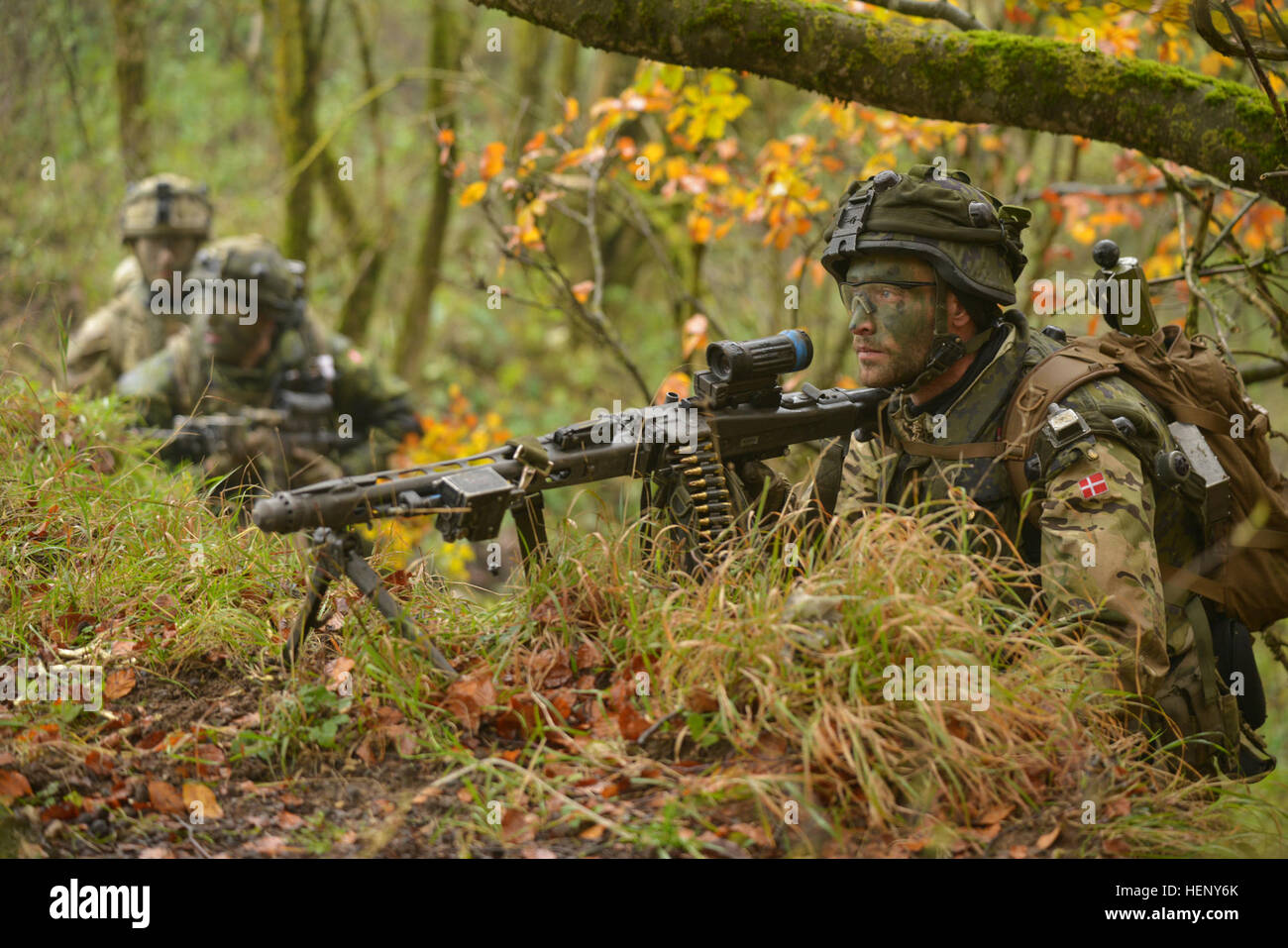 Dänische Soldaten Auge positionieren Sie der Feind während der Übung kombiniert zu beheben III bei der US-Armee Hohenfels Trainingsbereich, Deutschland, 6. November 2014. Kombinierte Lösung III ist eine unter der Regie von US-Army in Europa multinationalen Übung in Grafenwöhr und Hohenfels Training Bereichen, darunter mehr als 4.000 Teilnehmer aus NATO und Partnerländern. Kombinierte Lösung III soll eine komplexe Trainingsszenario bieten, die konzentriert sich auf multinationale unified Land Operationen und das US-Engagement für NATO und Europa verstärkt. Die Übung bietet der US-Armee regional ausgerichtet Kraft für Europa - die 1 s Stockfoto