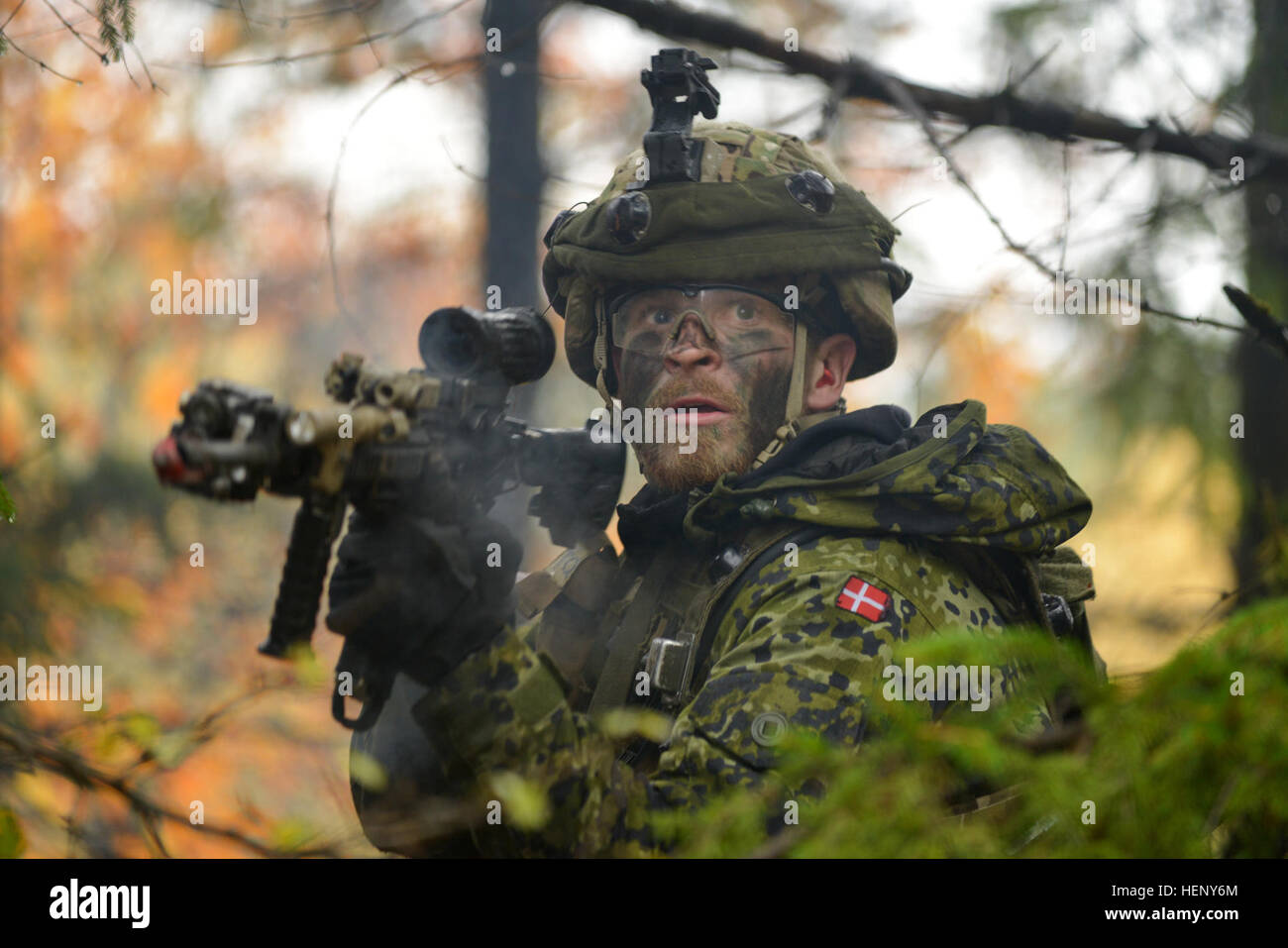 Ein dänische Soldaten beschäftigt sich mit dem Feind während des Trainings kombiniert Entschlossenheit III bei der US-Armee Hohenfels Trainingsbereich, Deutschland, 6. November 2014. Kombinierte Lösung III ist eine unter der Regie von US-Army in Europa multinationalen Übung in Grafenwöhr und Hohenfels Training Bereichen, darunter mehr als 4.000 Teilnehmer aus NATO und Partnerländern. Kombinierte Lösung III soll eine komplexe Trainingsszenario bieten, die konzentriert sich auf multinationale unified Land Operationen und das US-Engagement für NATO und Europa verstärkt. Die Übung bietet der US-Armee regional ausgerichtet Kraft für Europa - 1 Stockfoto
