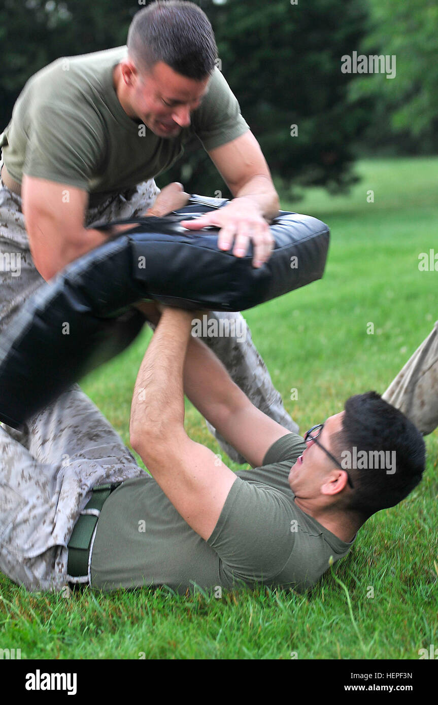 Sgt. Jonathan P. Leseman (oben) und CPL. Marcos E. Salgado (unten), Marines mit Hauptsitz und Service Battalion, zentrale Marine Corps, Henderson Hall, greift Übungsgelände während einer körperlichen Übung gewidmet Ehrenmedaille Empfänger Marine Lance Cpl. William "Kyle" Carpenter auf dem Fort Myer Teil des Joint Base Myer-Henderson Hall am Morgen des 15. Juni. (Joint Base Myer-Henderson Hall PAO Foto von Jim Dresbach) Marines widerstehen strenge PT Übung MOH Empfänger 150615-A-DZ999-949 zu erkennen Stockfoto