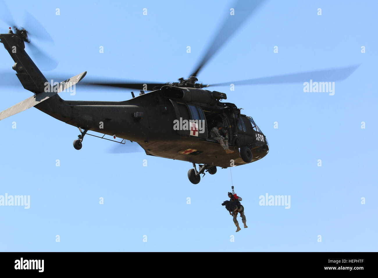 US Army Spc Cindy Ortiz, ein militärischer Arbeitshund Handler und ihr Partner, Sgt. Hundi aus der 100. militärischer Arbeitshund Loslösung aus Miesau, Deutschland, derzeit zugewiesen an multinationalen Battle Group-Ost, sind in einem UH-60 Black Hawk Hubschrauber während Medevac Hebezeug Ausbildung, 23. Juli 2015, bei Camp Bondsteel, Kosovo gehisst. Ortiz und Hundi waren mehr als 75 Fuß in der Luft von einem UH-60 Black Hawk Hubschrauber betriebenen F Company, 5. Bataillon, 159. Aviation Regiment, eine Einheit der US Army Reserve aus Clearwater, Florida gehisst Das Training fand die Flugbesatzungen Milit vertraut zu machen Stockfoto