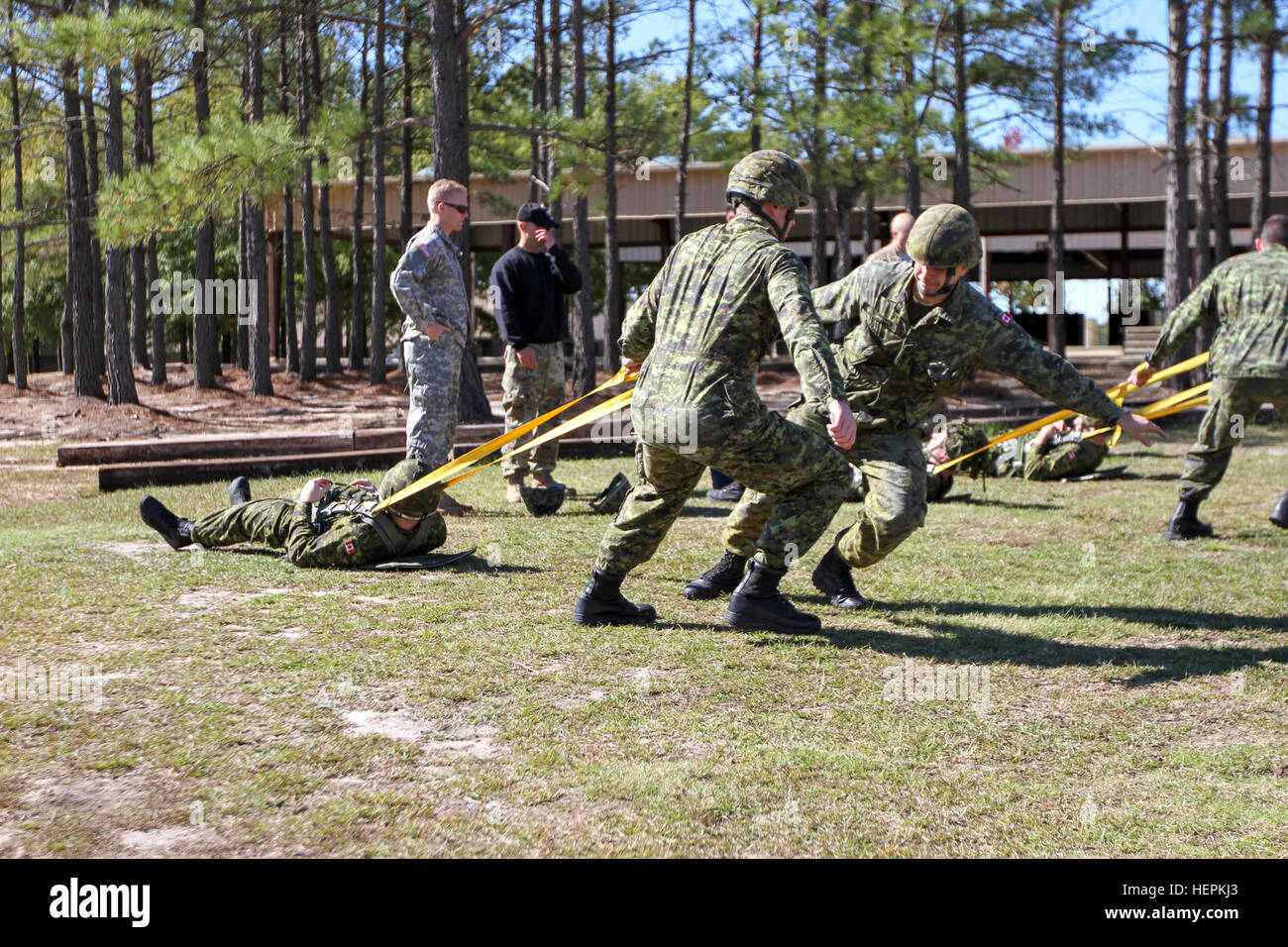 Fallschirmjäger aus dem 3. Bataillon, königliches kanadisches Regiment besuchen t-11 Fallschirm Ausbildung an der Advanced Airborne School in Fort Bragg, N.C., 19. Oktober 2015. Letzte Woche begann die 3RCR am Fort Bragg zur Teilnahme an der 82nd Airborne Division kombiniert gemeinsamen operativen Zugang Übung 16.1, beginnt noch in diesem Monat eintreffen. 82. Abn. Div. führt eine multinationale Bemühung eine Interoperabilität mit anderen Nationen Luftlandetruppen, oft ihre elitärsten und gut ausgebildeten Militäreinheiten, schnell und effektiv in Zukunft Operationen zusammenzuarbeiten zu entwickeln. (82. unmittelbar Stockfoto