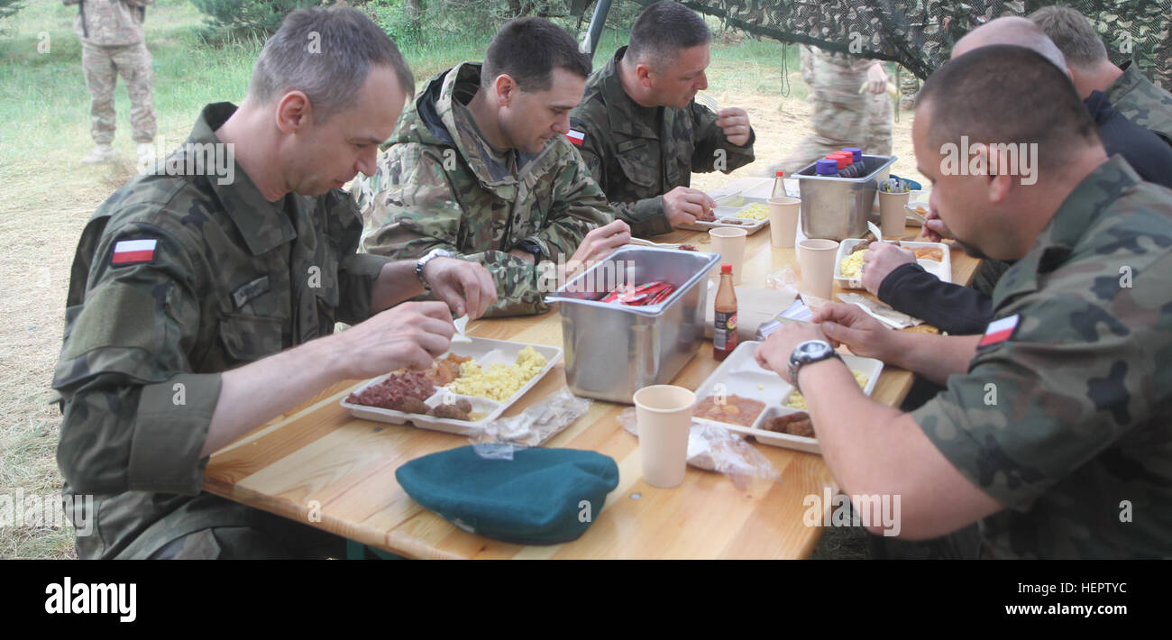 Lieutenant Colonel William Arnold, der Kommandeur der 3. Brigade Support Battalion, 1st Armored Brigade Combat Team, 3. Infanterie-Division, isst Frühstück mit dem Kommandeur der polnischen 16. Garrison Support Command in Drawsko Pomorskie, Polen 1 Juni während einer taktischen Bereich Fütterung Demonstration. Der Besuch soll den Polen zeigen die BSB Bereich Fütterung Fähigkeiten damit sie besser unterstützen können einander in jeder künftigen Operationen. 3BSB zeigt Feld Verfütterung an polnischen Verbündeten 160601-A-LF295-286 Stockfoto