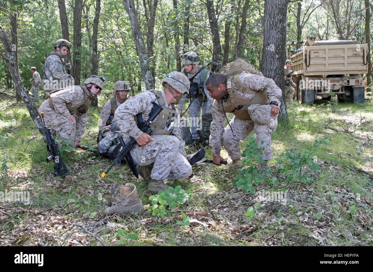 US Marine Corps Reservist von Sitz und Servicegesellschaft, 4. Sanitätsbataillons bereiten Sie heben einen "verletzten Soldaten der US Army Reserve nach einem komplexen Angriff während Combat Support Training Übung 86-16-03 (CSTX 86-16-03) auf Fort McCoy, Wisconsin, USA, 22. August 2016. Fast 9.000 Service-Mitglieder aus über dem Land beteiligt sind in CSTX 86-16-03 86. Training Division und dem 84. Training Command dritte und letzte CSTX des Jahres veranstaltet. (US Army Reserve Foto von Sgt. 1. Klasse Clinton Holz). Komplexe Angriff 160822-A-HX393-004 Stockfoto