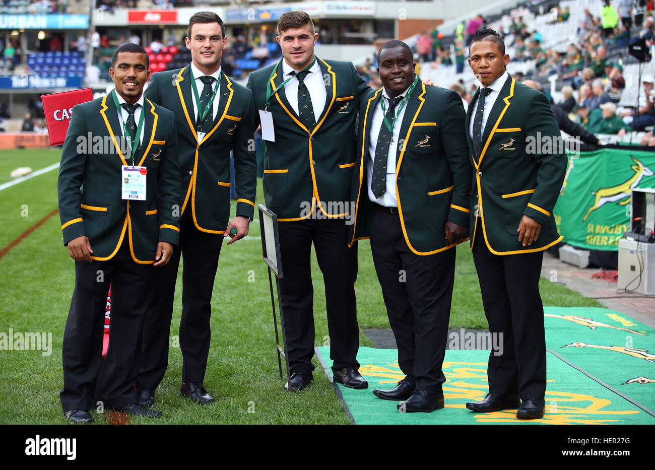 DURBAN, Südafrika - Oktober 08: Rudy Paige mit Jesse Kriel Malcolm Marx Trevor Nyakane und Elton Jantjies während der Rugby Championship match Stockfoto