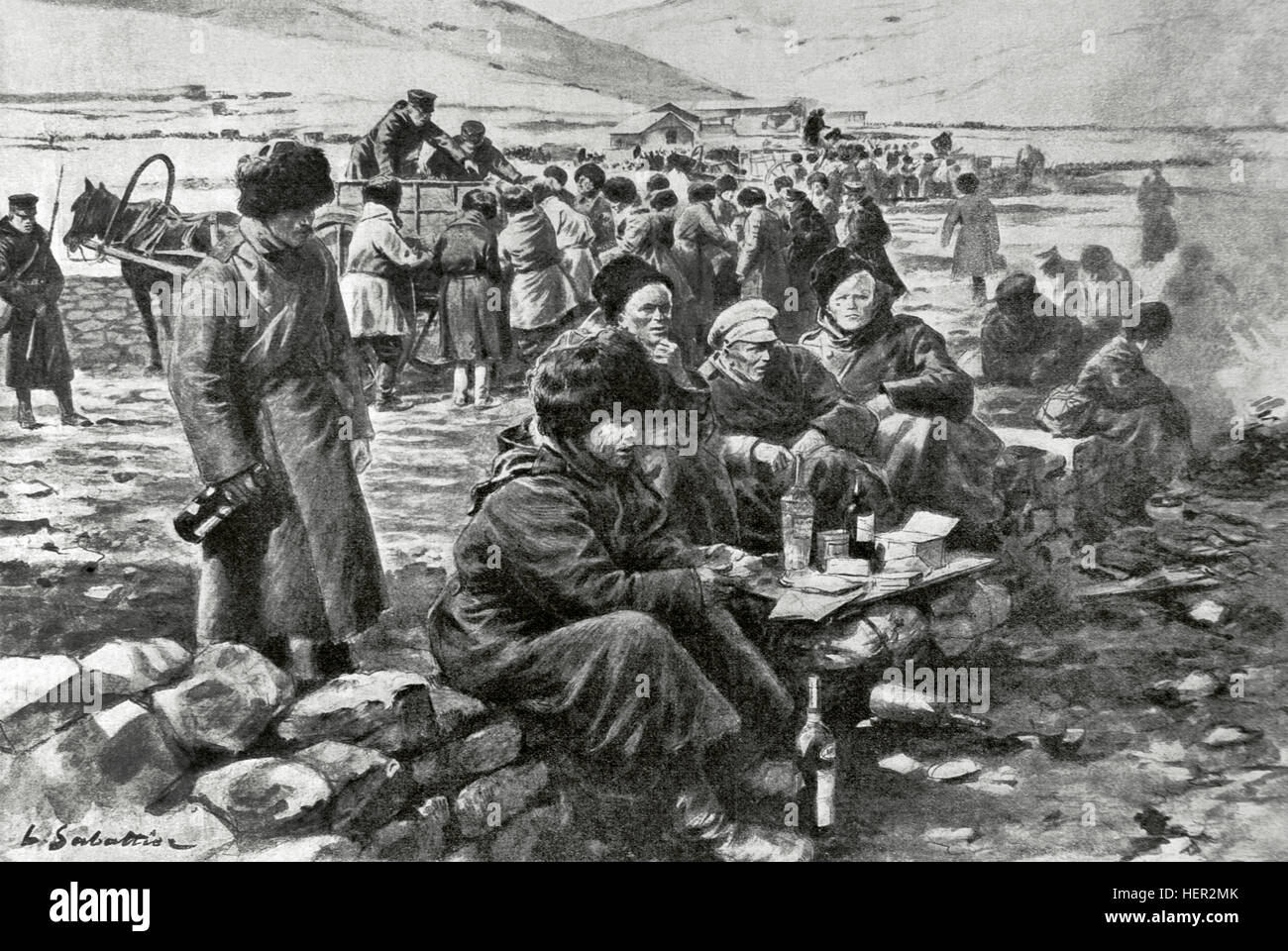 Russo-japanischer Krieg (1904-1905). März der Gefangenen von Port Arthur auf der Straße von Dalny. Kupferstich von L. Sabattier. Stockfoto