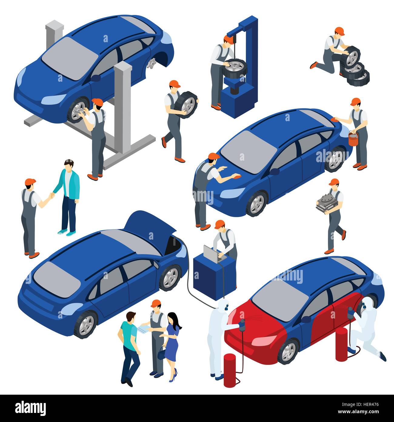 Auto-Service-Konzept-Set. Auto-Service-Konzept isometrische set mit Ersatzteilen und Wartung Symbole isoliert Vektor Stock Vektor