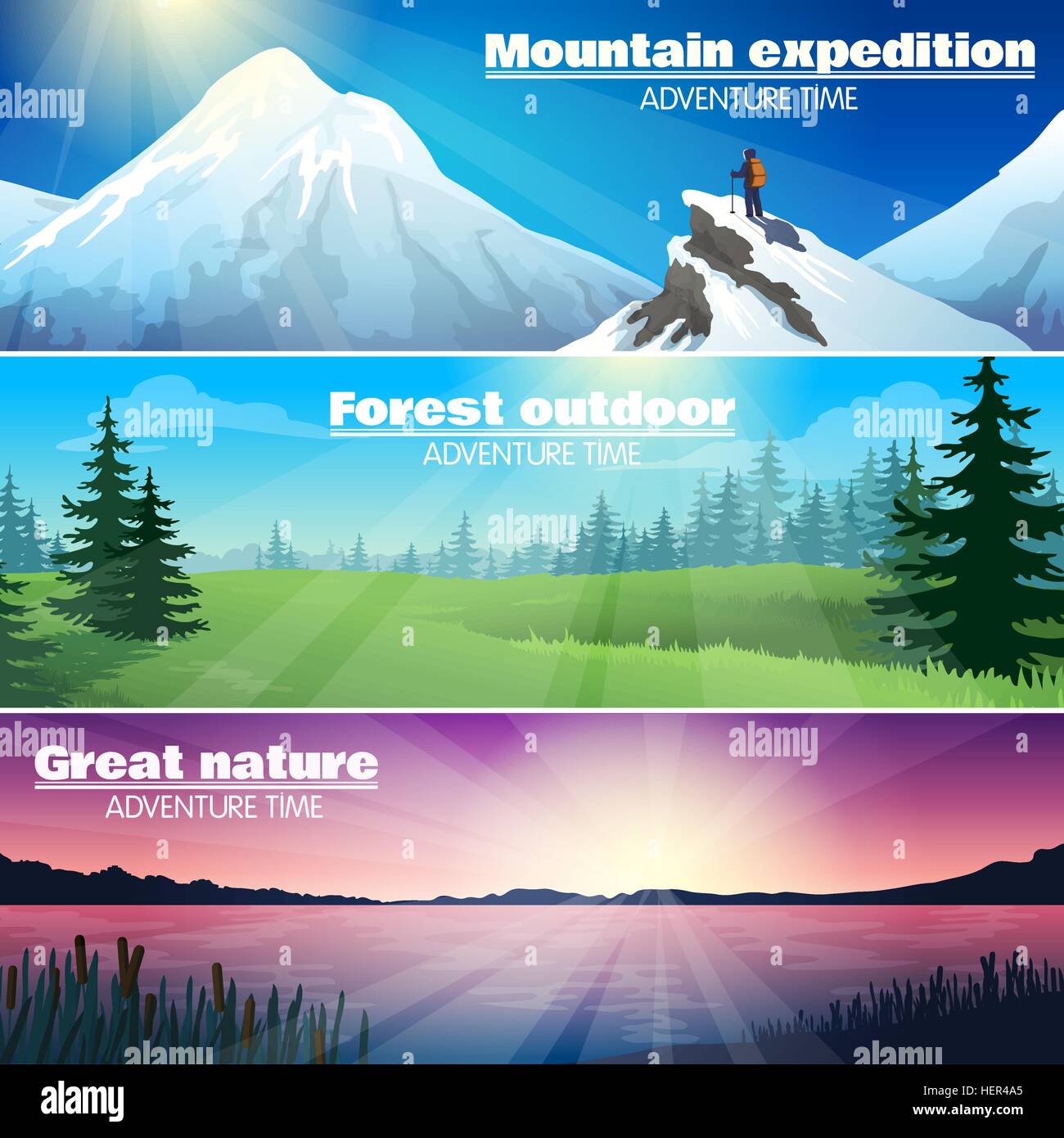 Camping im freien Natur horizontale Banner Set. Camping Reisen Outdoor-Abenteuer 3 horizontale Banner set mit Wald und Stock Vektor