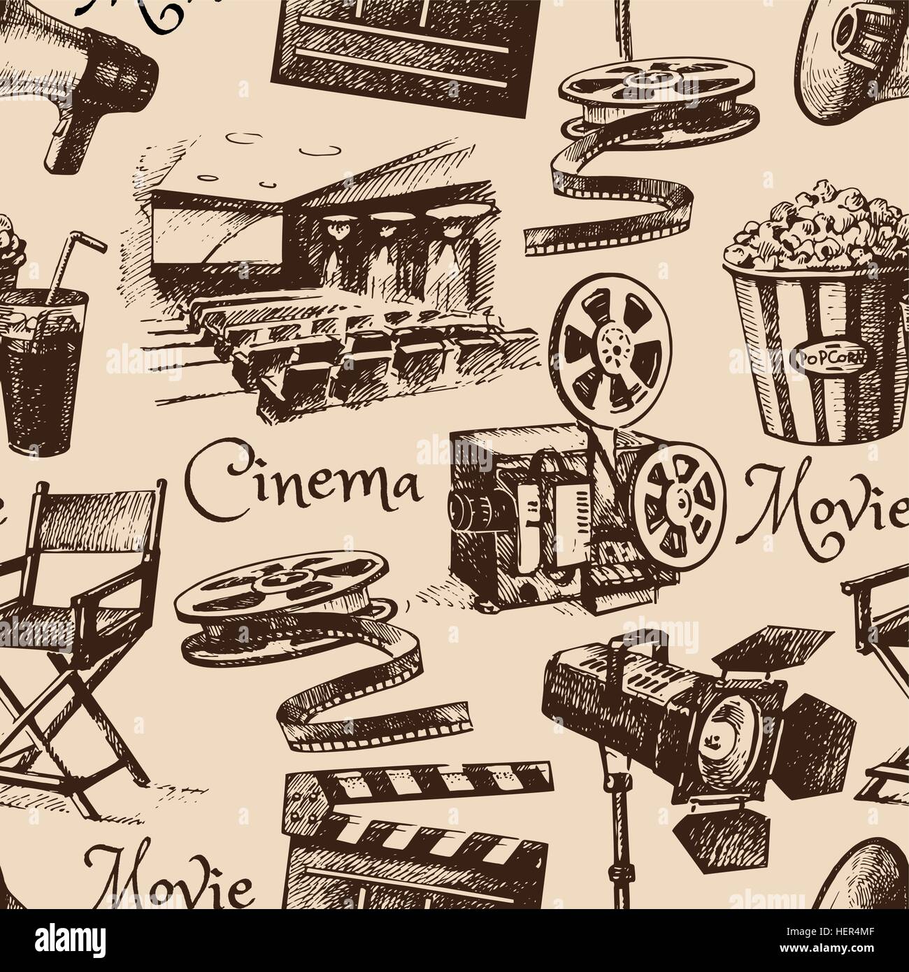 Movie Film Kino Musterdesign. Handgezeichnete Vintage illustration Stock Vektor