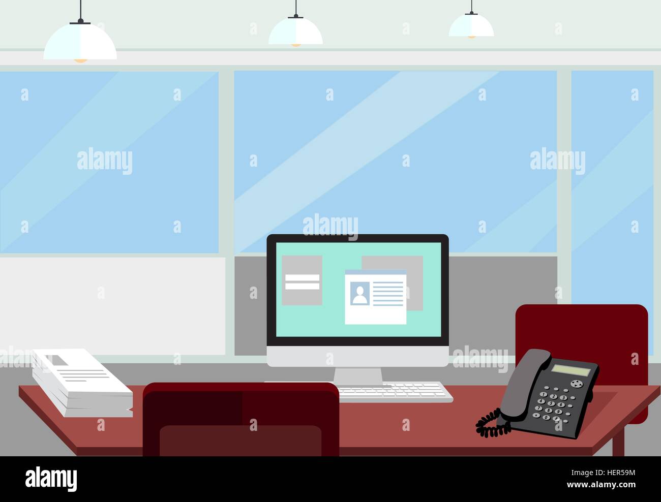 Inneren Bürozimmer. Vektor-Illustration für Design. Moderne Büroeinrichtung mit Designer Desktop im flat Design. Innenraum Stock Vektor