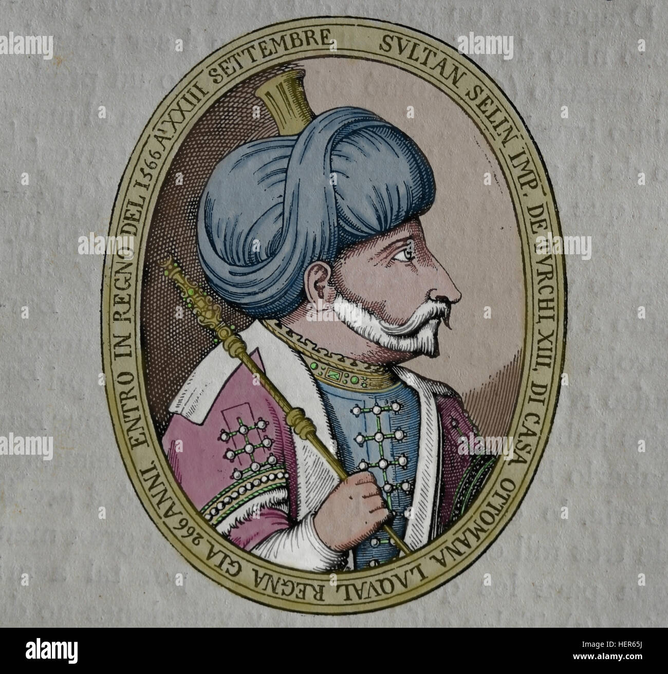 Selim II. (1524-1574). 11. OttomanSultan. Porträt. Kupferstich von Geschichte von Philipp II., 1884. Farbe. Stockfoto