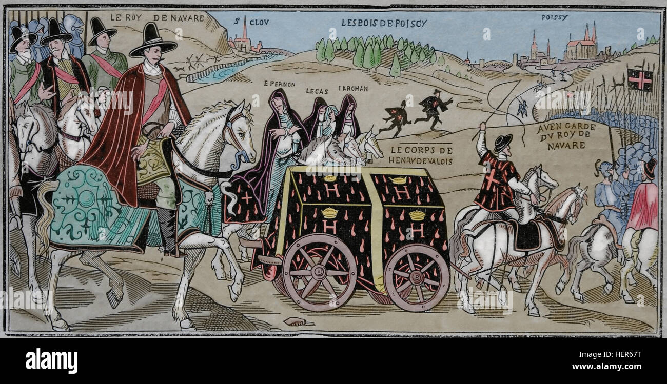 Heinrich IV. von Frankreich, bringt die Überreste von seinem Cousin und Schwager König Henry III ("Henry de Valois") in Poissy. Gravur. Stockfoto