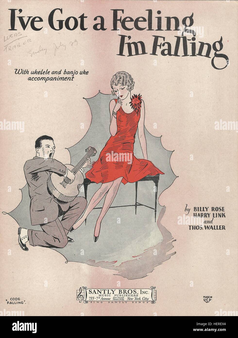 "Ich habe das Gefühl ich bin fallen" 1929 Fats Waller Sheet Music Cover Stockfoto