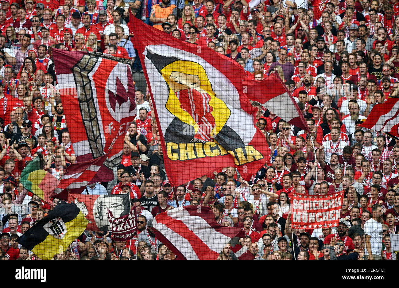 Begeisterte Fans mit Fahnen, Allianz Arena, München, Bayern, Deutschland Stockfoto