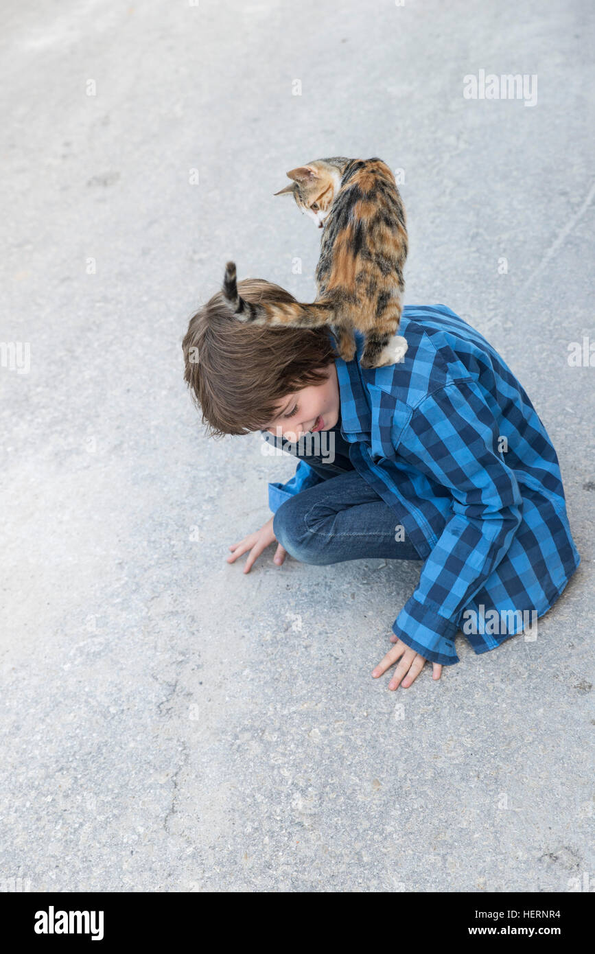 Katze stehend auf einem jungen Schultern Stockfoto