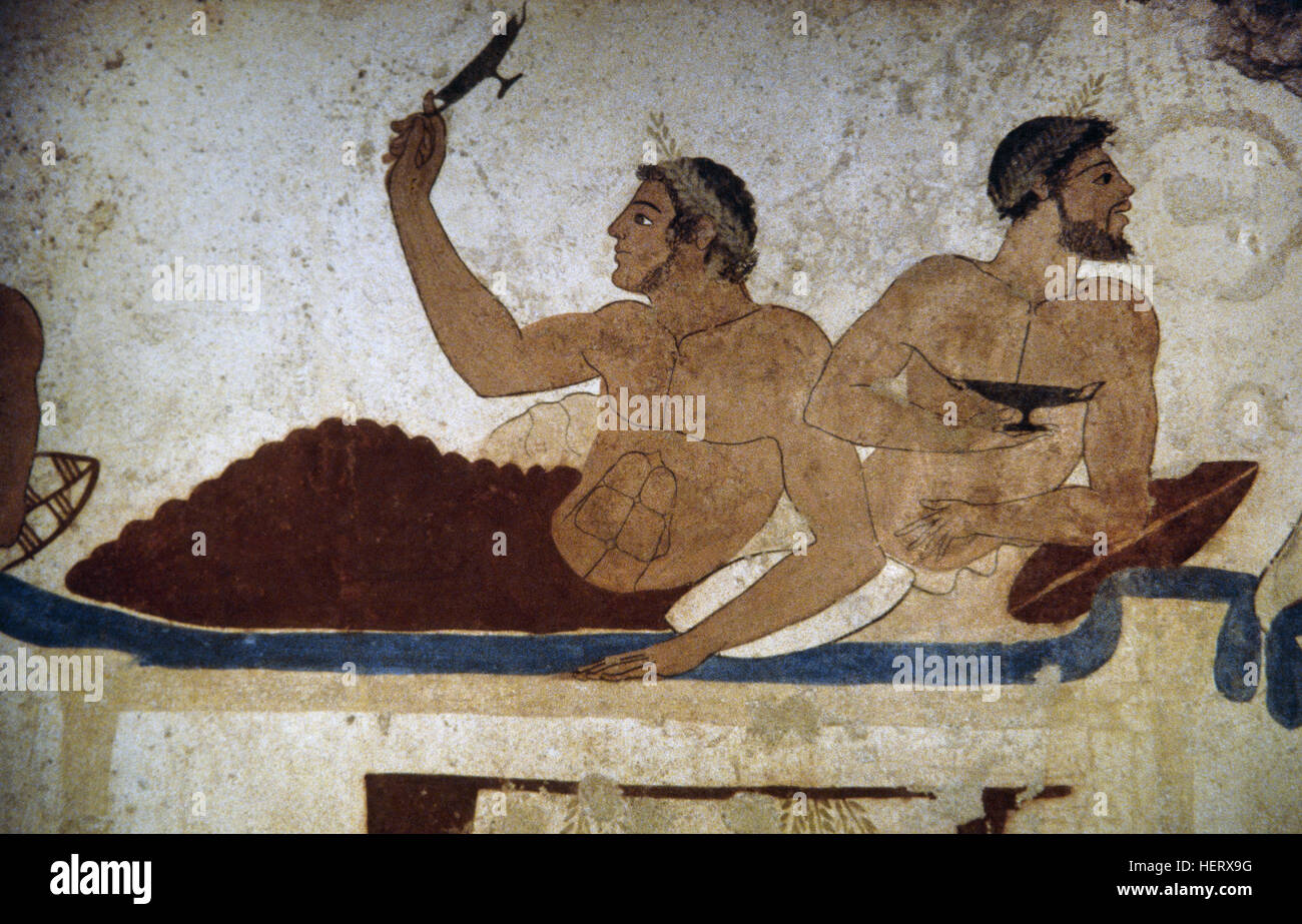 Grab des Tauchers. 470 V. CHR.. Fresko eine Symposium-Szene. Detail. Nationales Archäologisches Museum von Paestum. Italien. Stockfoto