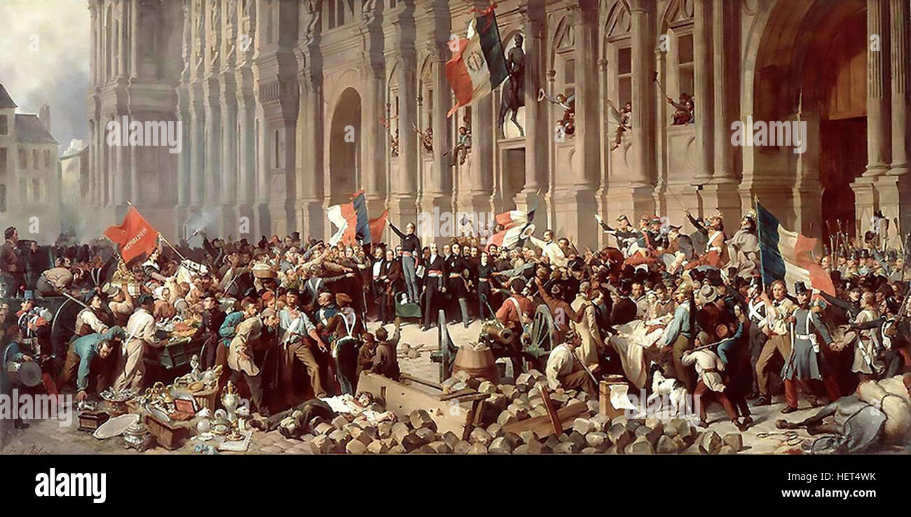 Der französische Maler HENRI PHILIPPOTEAUX (1815-1884). Seine Malerei: Lamartine, vor dem Hotel de Ville, Paris, lehnt die rote Flagge am 25 Februar 1848' Stockfoto