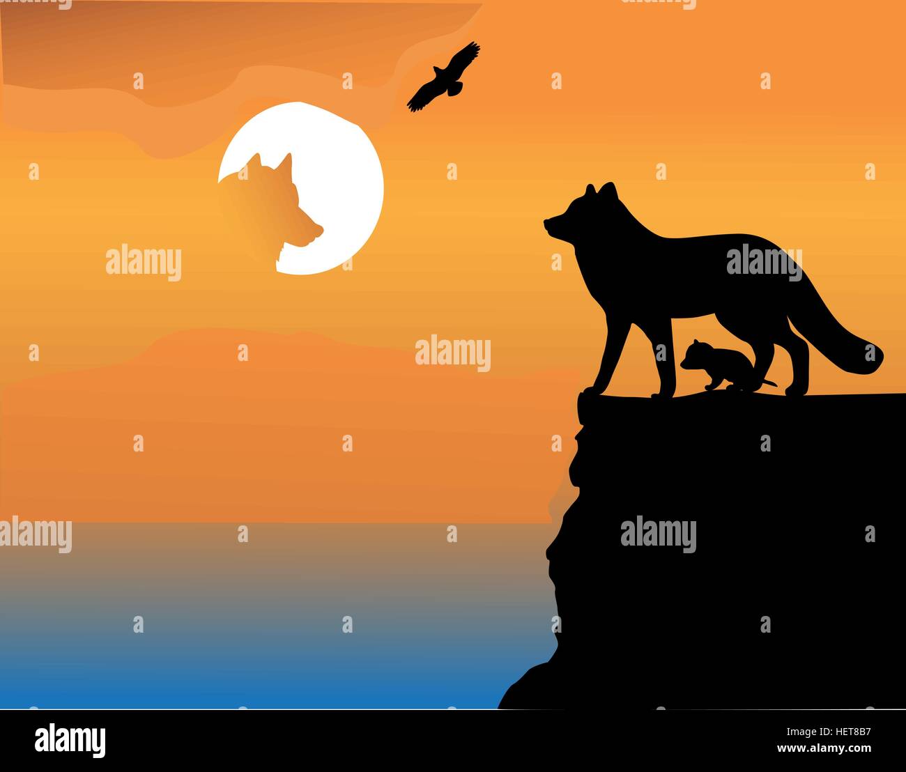 Wolf auf Felsen am Meer. Farbe-Vektor-Illustration. Stock Vektor