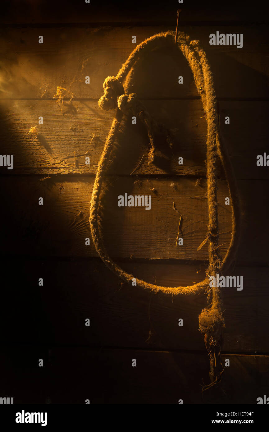 Alten staubigen Seil hängen bei schwachem Licht in einer alten Scheune. Stockfoto