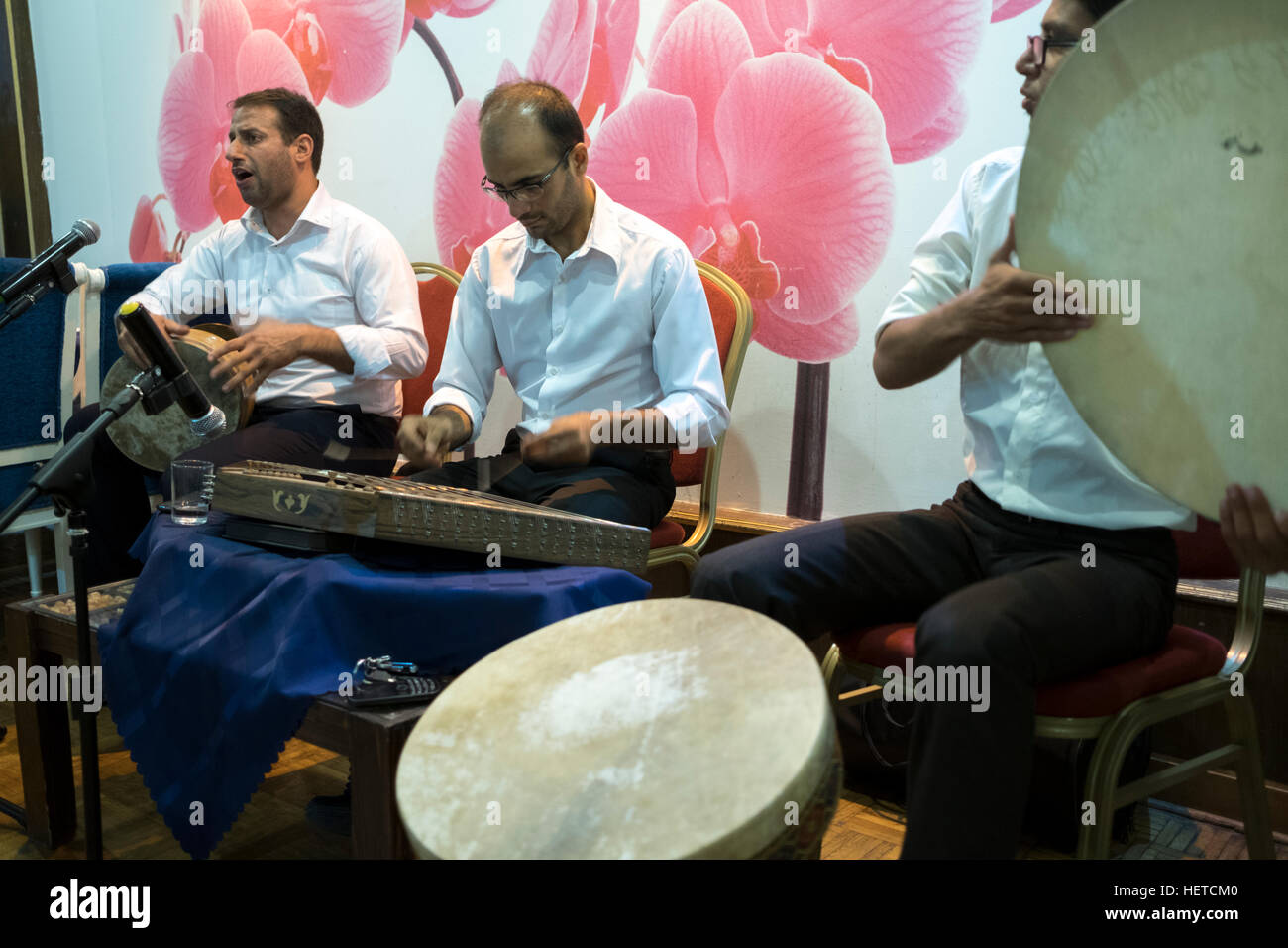 Musiker spielen traditionellen Musik im Ali-Qapu Parsian Hotel in Isfahan, Provinz Isfahan, Iran Stockfoto