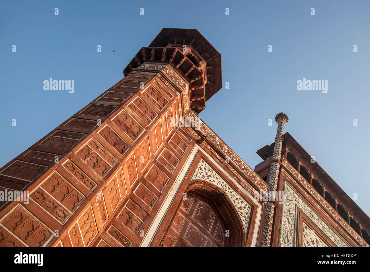 Turm von Great Gate, Taj Mahal, Agra, Uttar Pradesh, Indien Stockfoto