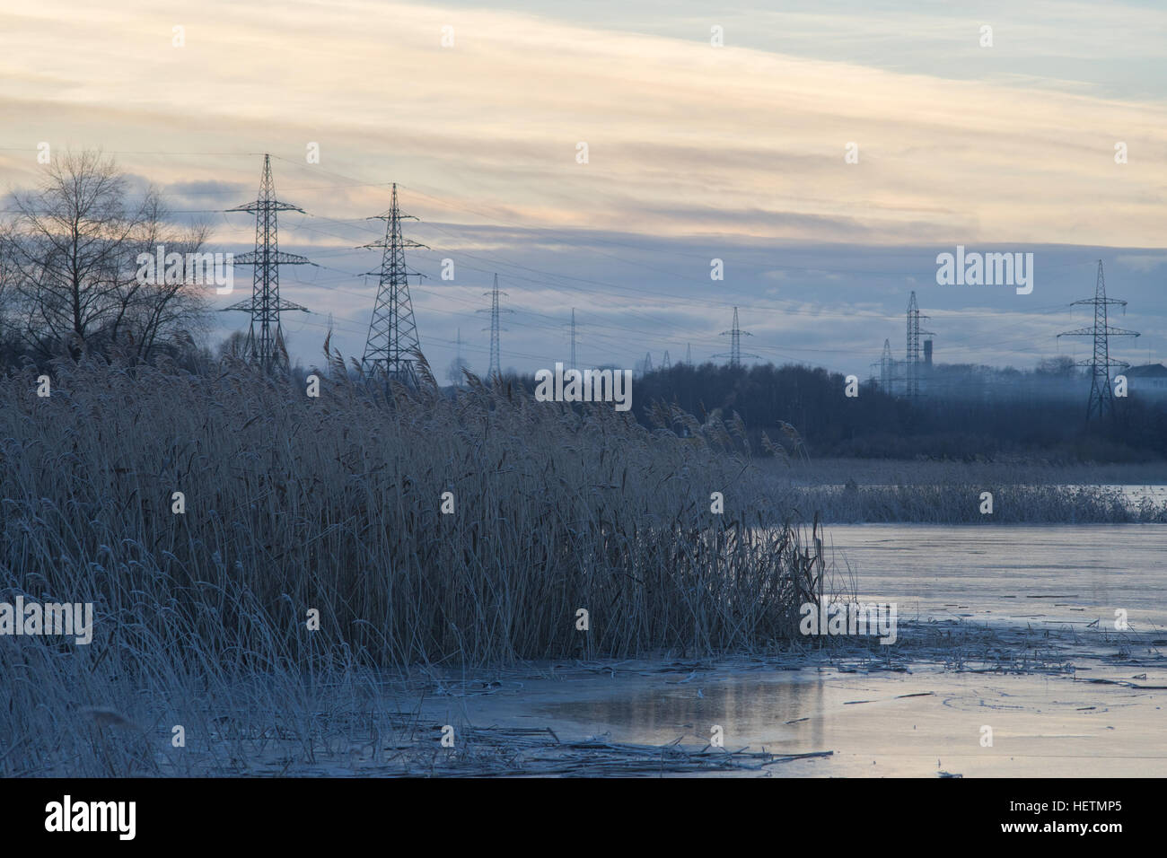 Gefrorenen See mit Schilf Grass fallenden Raureif, Hochspannungs-Stromleitung auf Hintergrund Stockfoto