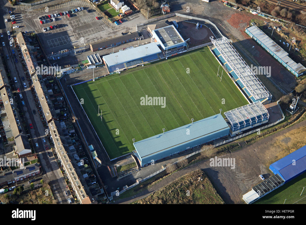 Luftaufnahme von Featherstone Rovers RLFC großen Fellas Stadion, West Yorkshire, Großbritannien Stockfoto