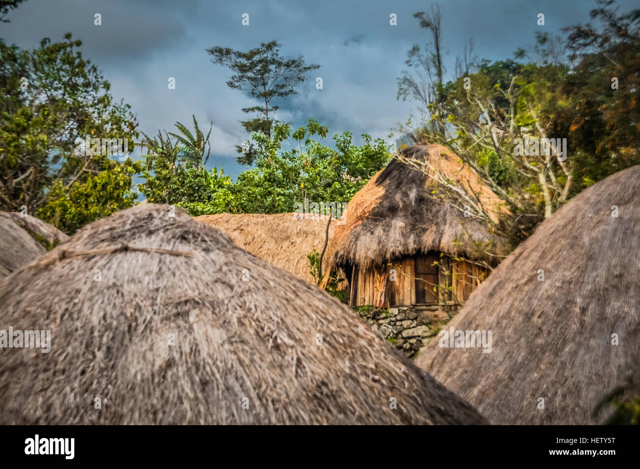 Foto von traditionellen Holzhäusern mit Stroh Dächer in Dorf in Dani Schaltung in der Nähe von Wamena, Papua, Indonesien. Stockfoto