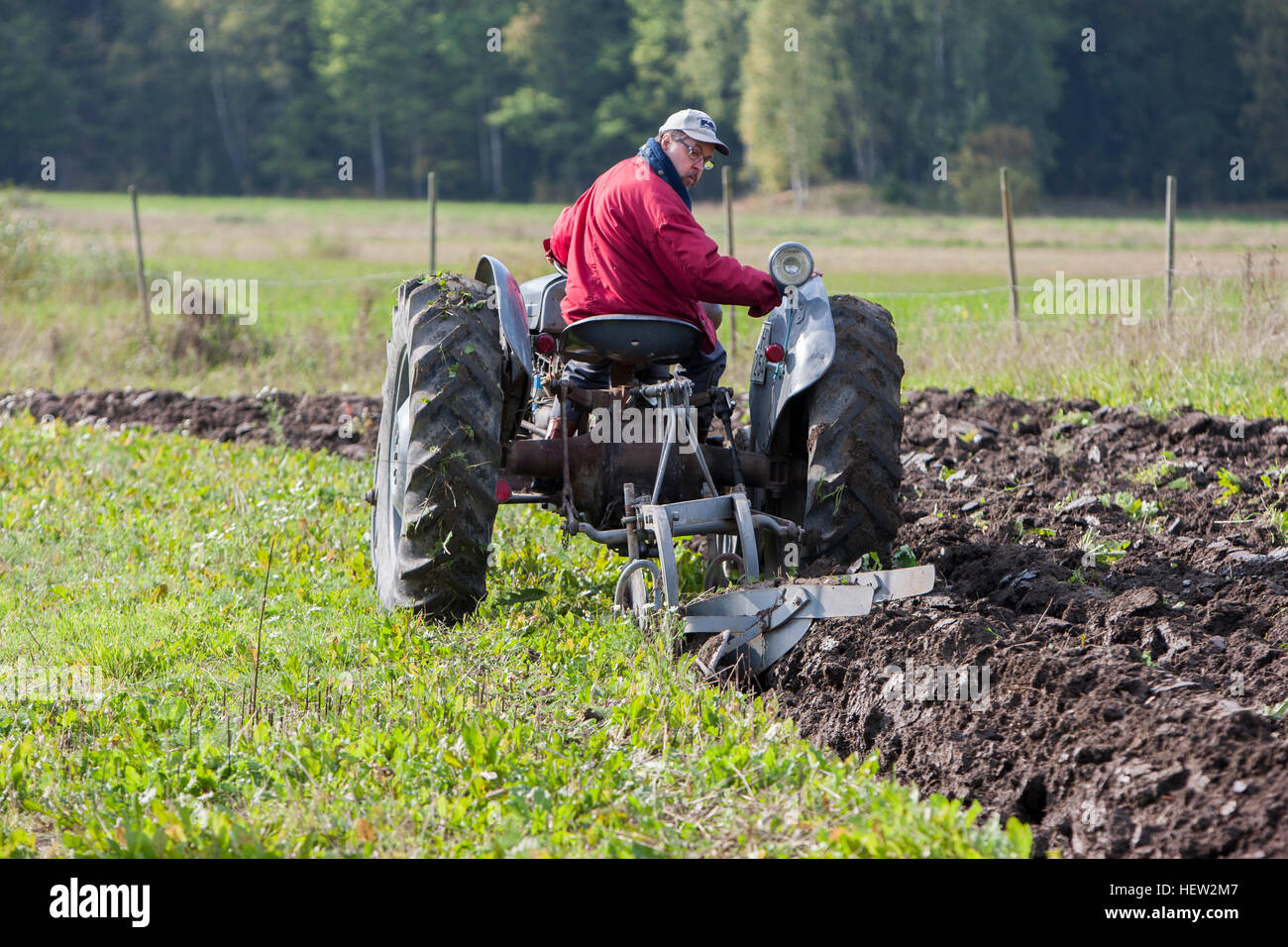 Landwirt Pflügen mit einem Traktor. Stockfoto