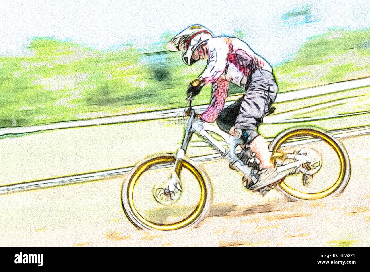 Downhill Biker im Wettbewerb Zeichenstil Stockfoto