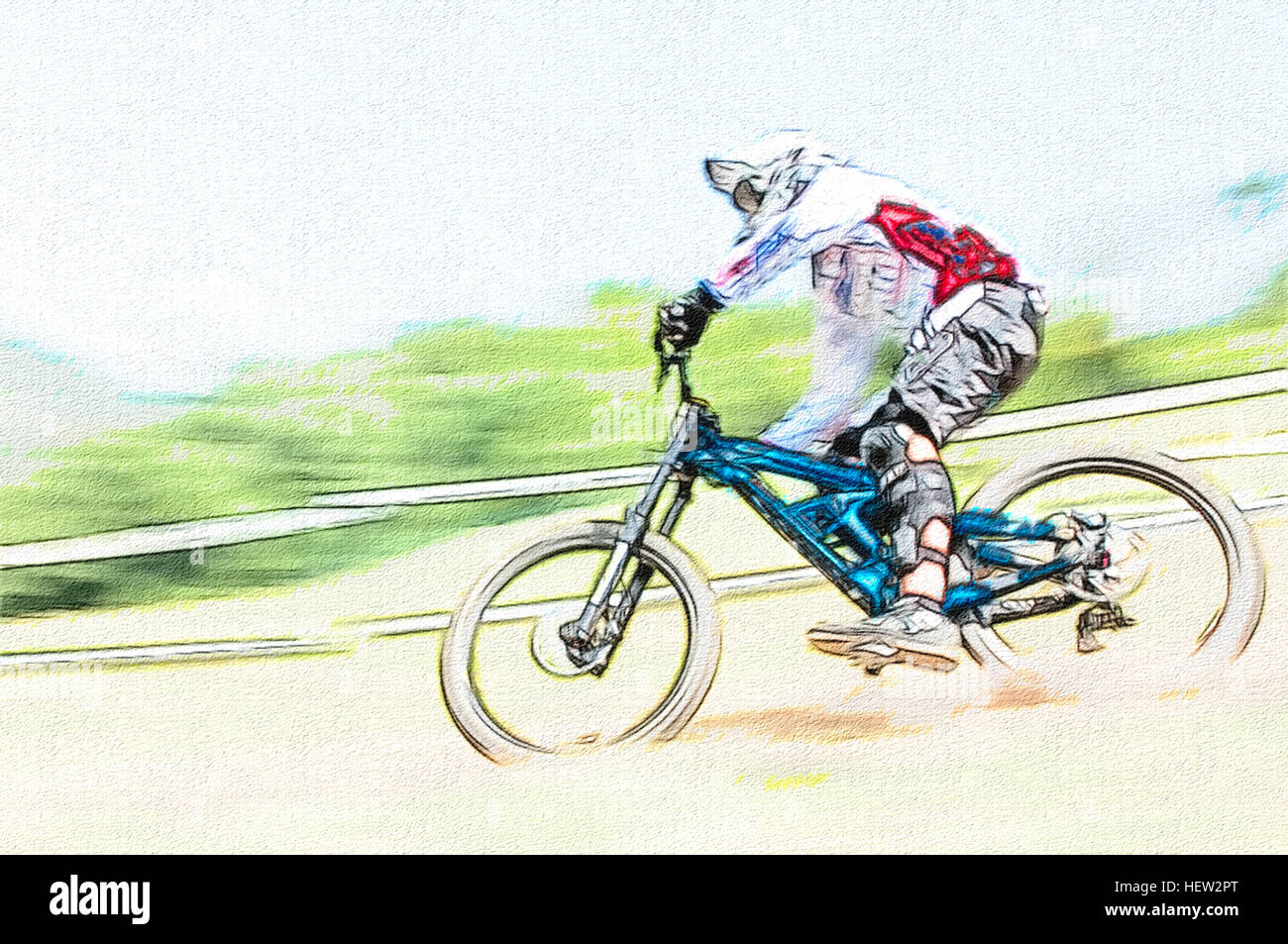 Downhill Biker im Wettbewerb Zeichenstil Stockfoto