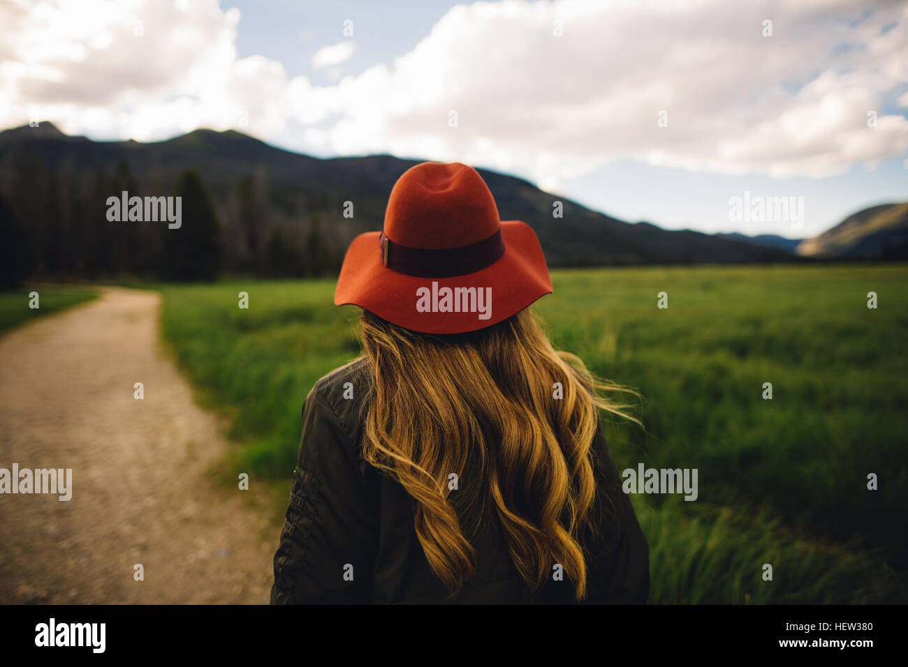 Rückansicht des Frau mit Hut, wegsehen, Rocky Mountain Nationalpark, Colorado, USA Stockfoto
