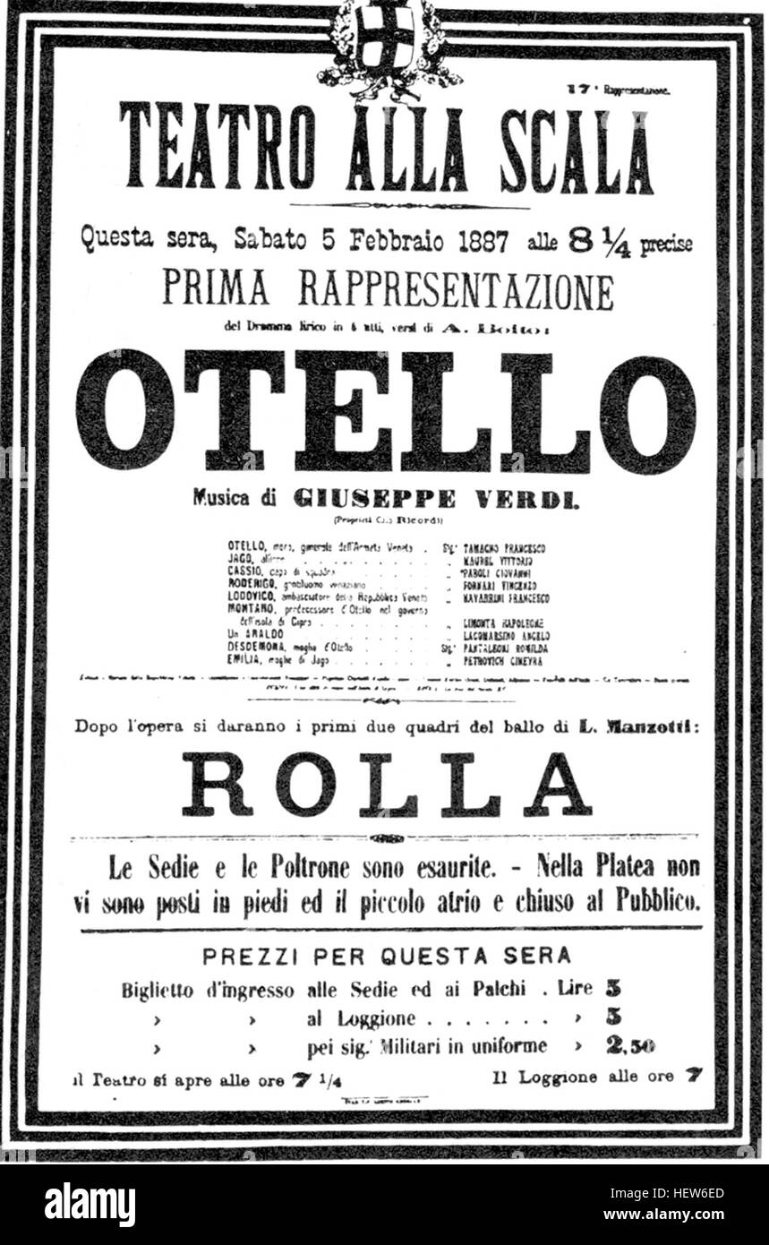Italienischer Komponist GIUSEPPE VERDI (1813-1901). Plakat für die Premiere des Otello an der Mailänder Scala im Februar 1887 Stockfoto