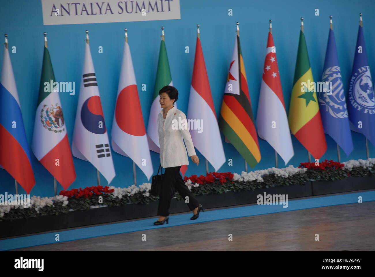 Republik von Korea President Park Geun-Hye als sie offiziell für den G20-Gipfel in Regnum Carya Hotel ankommt. Stockfoto