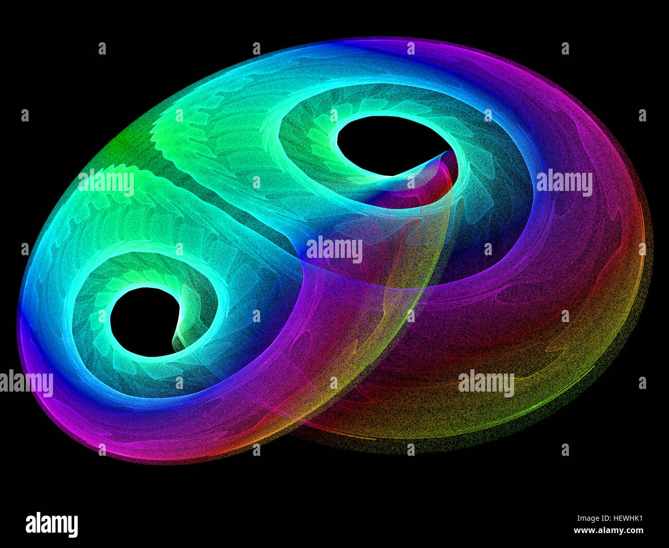 Chaoscope ist ein Visualisierungstool, das Bilder von seltsamen Attraktoren generiert, die mathematische Konstrukte aus der Chaostheorie sind. Benutzer können mit diesen fraktalen Mustern in drei Dimensionen interagieren und die Prinzipien der Chaostheorie durch visuelle Experimente erforschen. Stockfoto