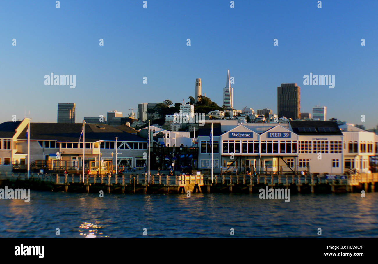 PIER 39 ist ein muss auf Ihrer Liste der Ihre Aktivitäten in San Francisco, mit Seelöwen, Waterfront Restaurants, street Performer, live-Musik, shopping und mehr. Stockfoto