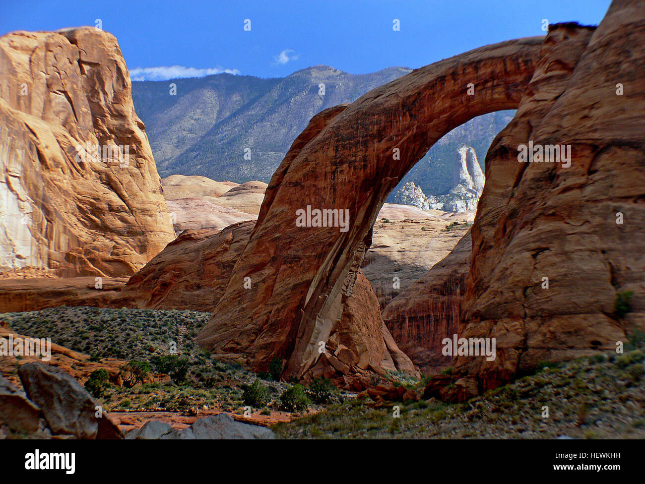 Die Rainbow Bridge am Rande des Lake Powell in Utah ist die weltweit größte natürliche Brücke mit einer Höhe von 290 Metern und einer Breite von 270 Metern. Diese legendäre geologische Formation hat kulturelle Bedeutung für die Navajo, die sie als Symbol für lebenspendende Gottheiten betrachten, die mit Regen und Regenbogen verbunden sind. Stockfoto