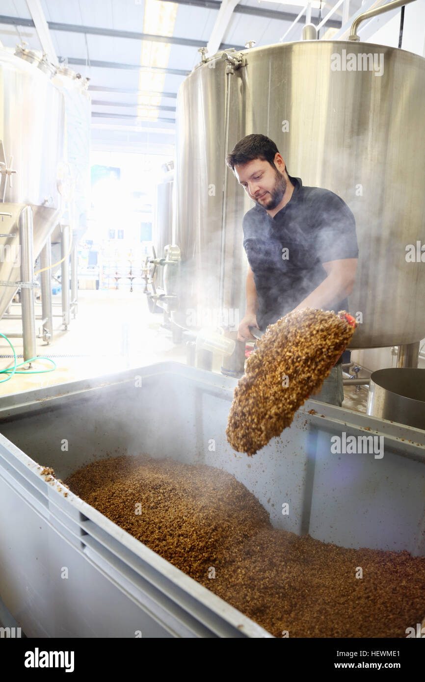 Arbeiter in Brauerei, Entleerung Körner aus Mash tun Stockfoto