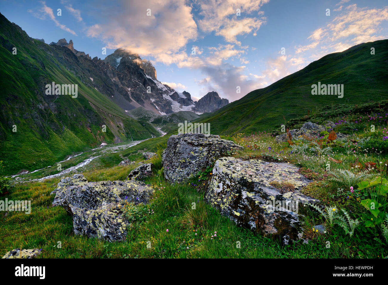 Agrarlandschaft Uschba Berg im Hintergrund, Kaukasus, Swanetien, Georgia Stockfoto