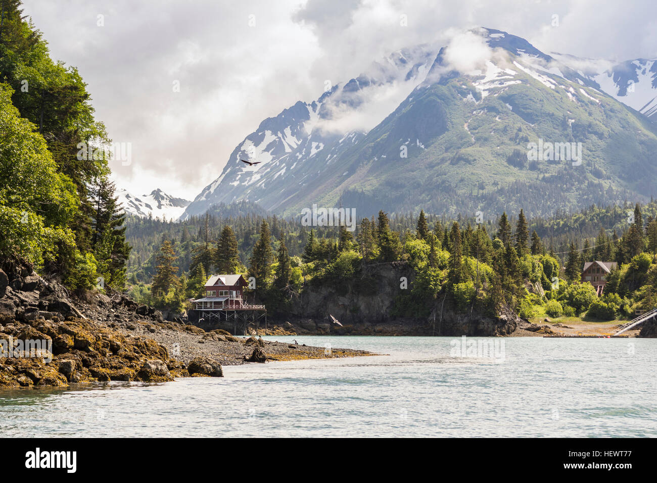 Waterfront Gebäude von Snow capped Berge, Halibut Cove Kachemak Bay, Alaska, USA Stockfoto