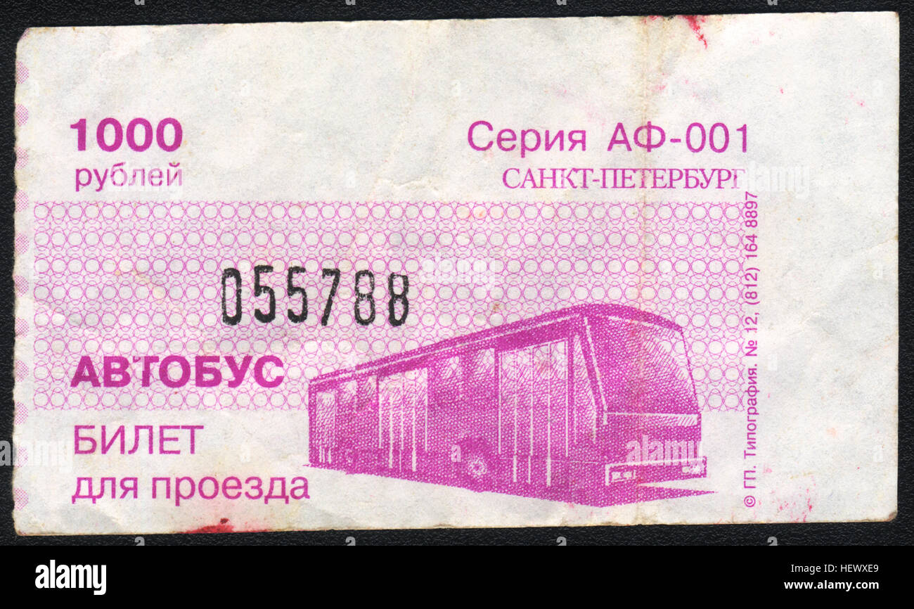 Ticket für den Bus in St. Petersburg für 1000 Rubel am Ende der 90er Jahre des 20. Jahrhunderts während der Perestroika, Russland Stockfoto