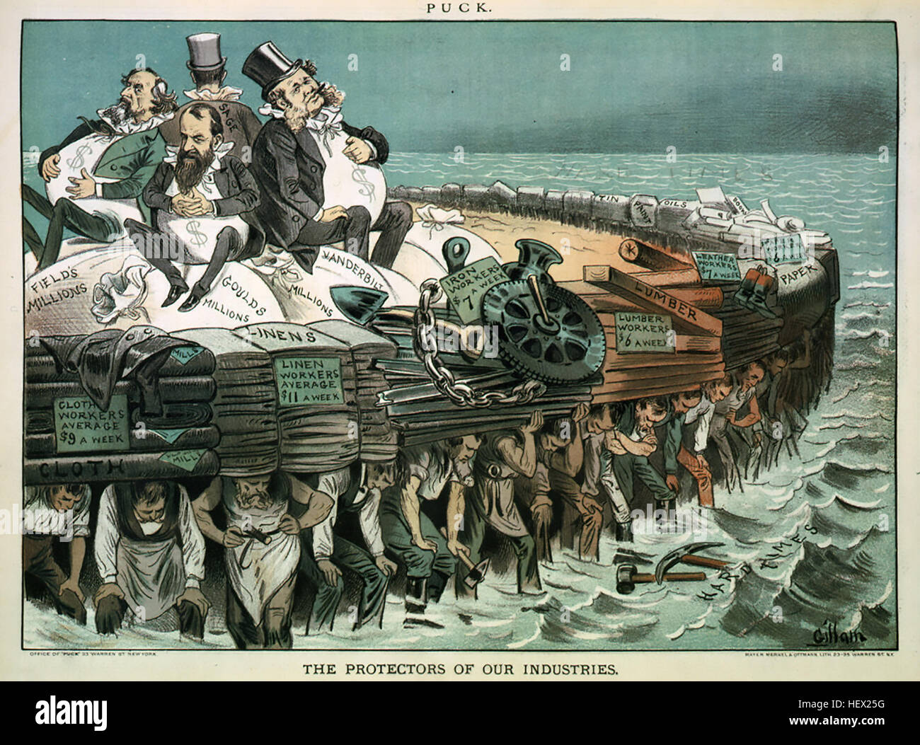 DIE Protektoren OF OUR INDUSTRIES Karikatur aus der amerikanischen satirische Zeitschrift Puck 7. Februar 1883 zeigt von links: Cyrus Field, Jay Gould, Russell Sage, Cornelius Vanderbilt sitzen in Komfort, getragen von der eine Vielzahl von schlecht bezahlte Arbeiter. Stockfoto