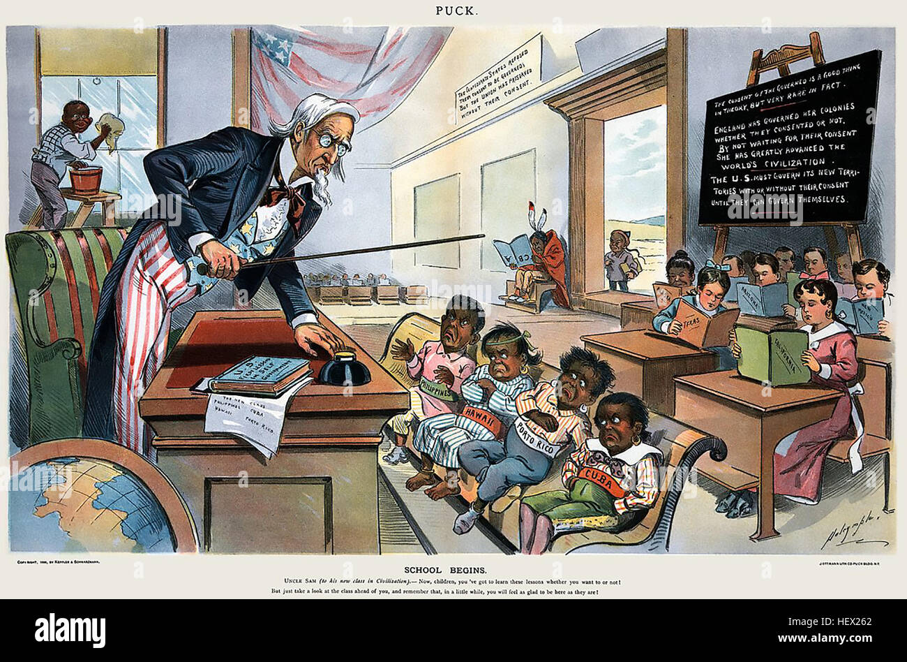 SCHULSTART Karikatur aus amerikanischen satirische Zeitschrift Puck am 25. Januar 1899 zeigt Uncle Sam Lehre die befreiten Gebiete in der ersten Reihe der Elemente der Selbstverwaltung. Stockfoto